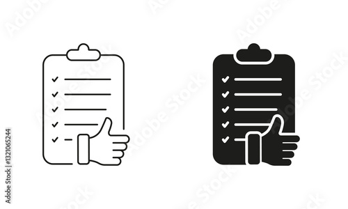 Customer Feedback Symbol. Approve Agreement. Paper Document With Thumb Up Line and Silhouette Icon Set. Approval Confirmation Pictogram. Editable Stroke. Isolated Vector Illustration