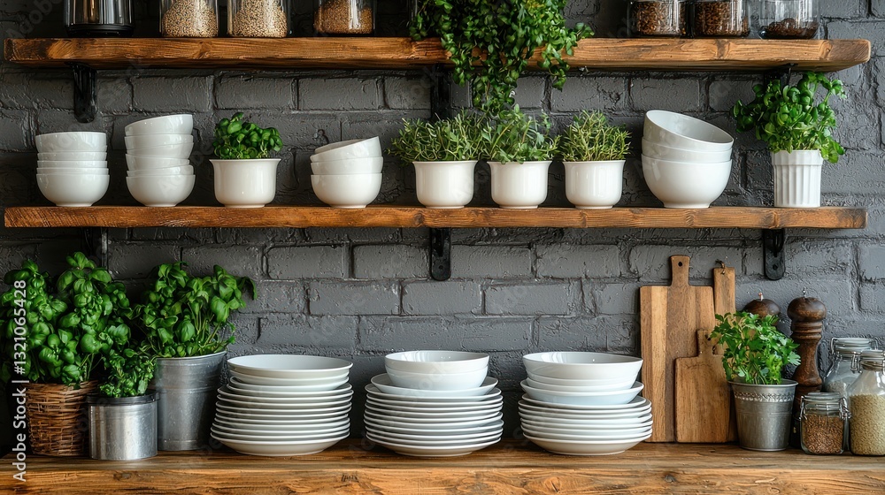 Fototapeta premium Rustic Kitchen Shelves with Dishes, Herbs, and Cooking Essentials