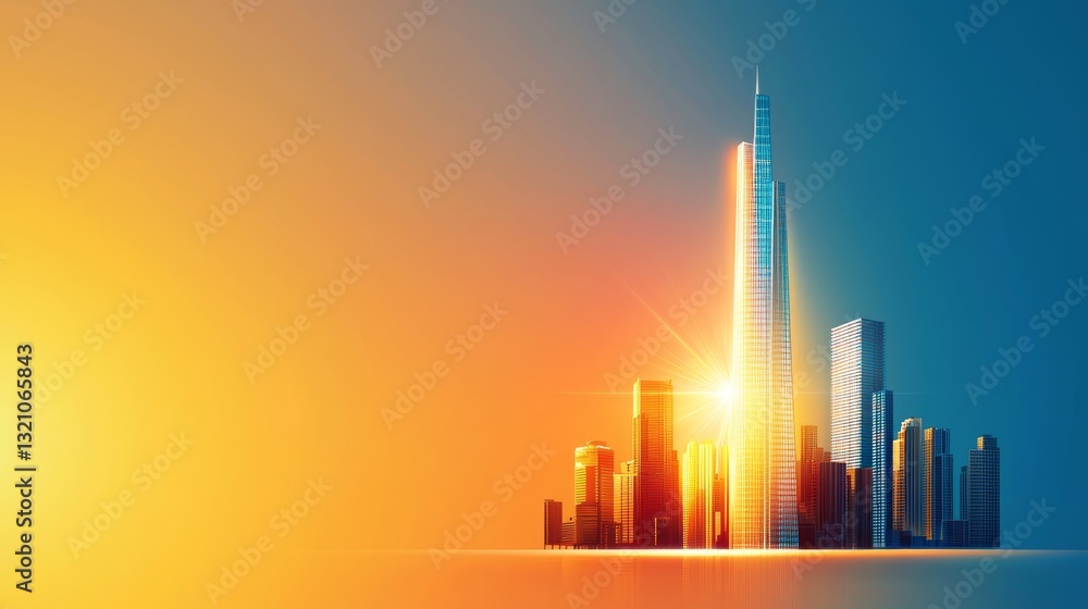 Obraz premium Transparent Solar Glass Integration in Skyscrapers: Futuristic Power Generation Trends Flat Design Illustration with Copy Space