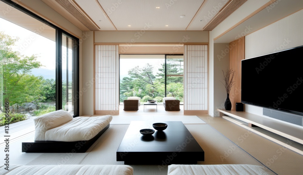 Modern Japanese living room with garden view, spacious and bright Modern Japanese living room with garden view, spacious and bright