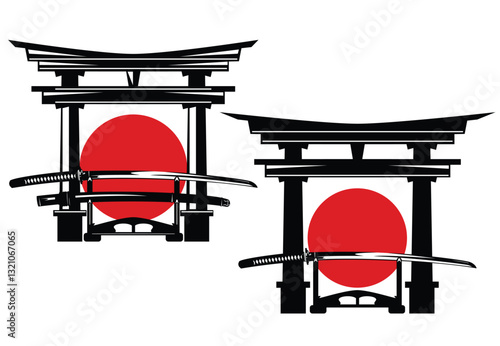 traditional japanese katana blade put on special stand for display against red sun circle and torii gate - samurai sword with scabbard vector design