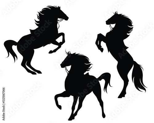 saddled and bridled horse standing side view ready for riding and rearing  up - equitation black and white vector silhouette outline set