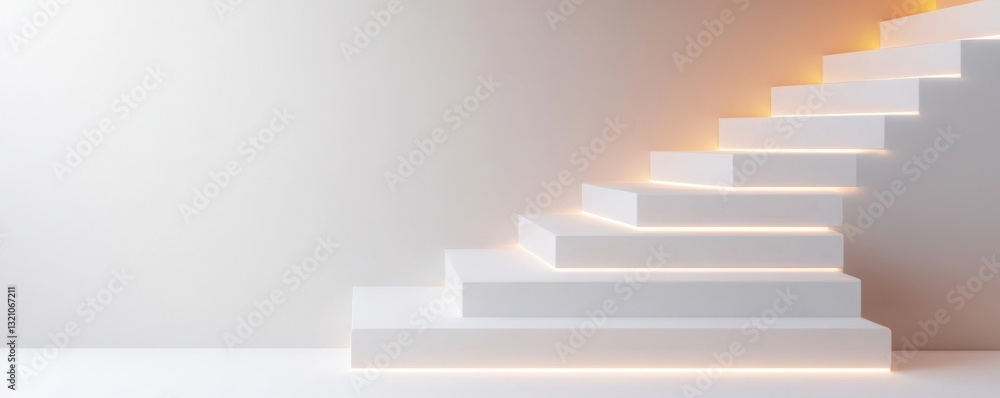 Fototapeta premium Minimalist white floating steps leading into a dark void, conceptual surrealism