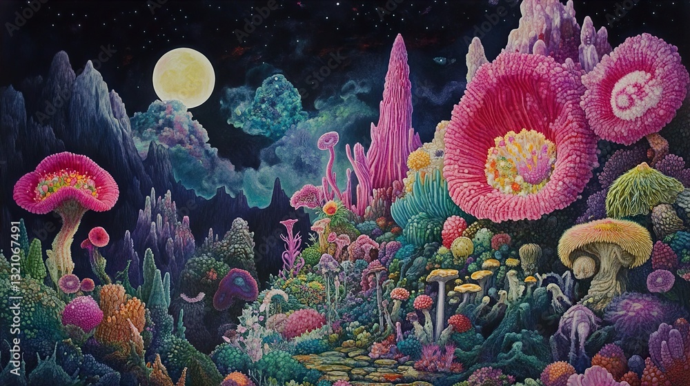 Obraz premium Surreal Night Garden: A Dreamlike Landscape of Vibrant Flora and Fungi