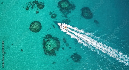 Fototapeta Naklejka Na Ścianę i Meble -  A close-up aerial view of a white speedboat cruising through crystal-clear turquoise waters leaving behind a white foamy trail