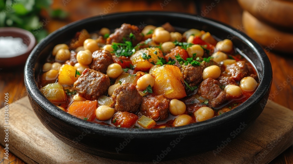 Hearty stew with chickpeas, meat, and vegetables. Served in a dark bowl. Wooden table background. Possible use for food blog or cookbook Hearty stew with chickpeas, meat, and vegetables. Served in a dark bowl. Wooden table background. Possible use for food blog or cookbook