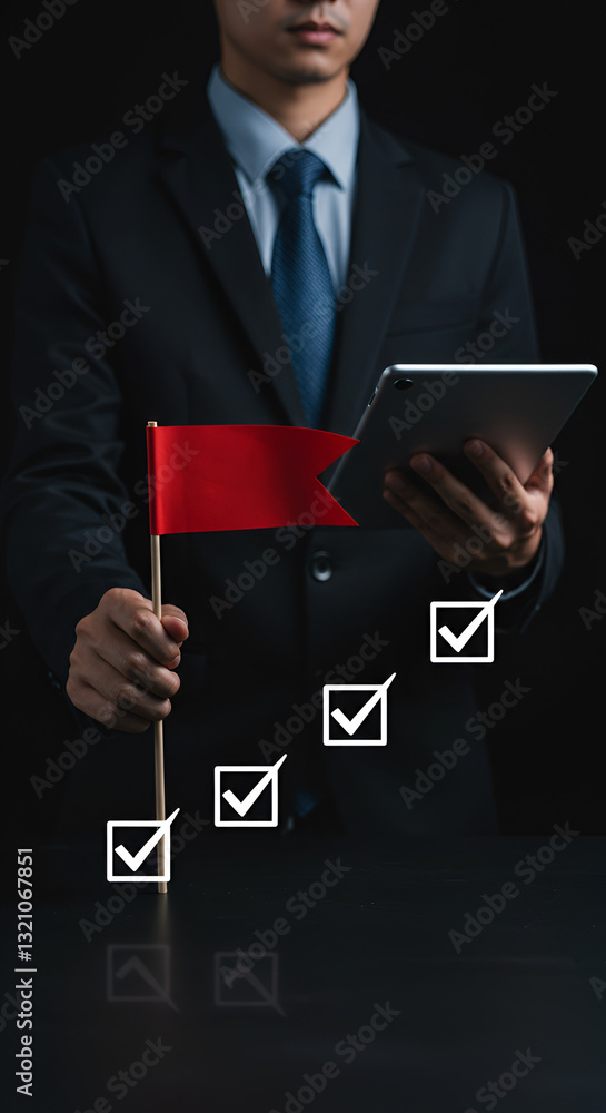 professional in a formal suit highlights business success by standing behind an ascending bar graph with checkmarks on each bar, raising a red flag atop the tallest bar as a symbol of achievement. professional in a formal suit highlights business success by standing behind an ascending bar graph with checkmarks on each bar, raising a red flag atop the tallest bar as a symbol of achievement.