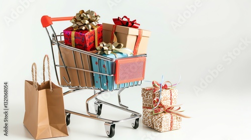 A shopping cart overflowing with wrapped presents, creating a scene of holiday shopping and giving.