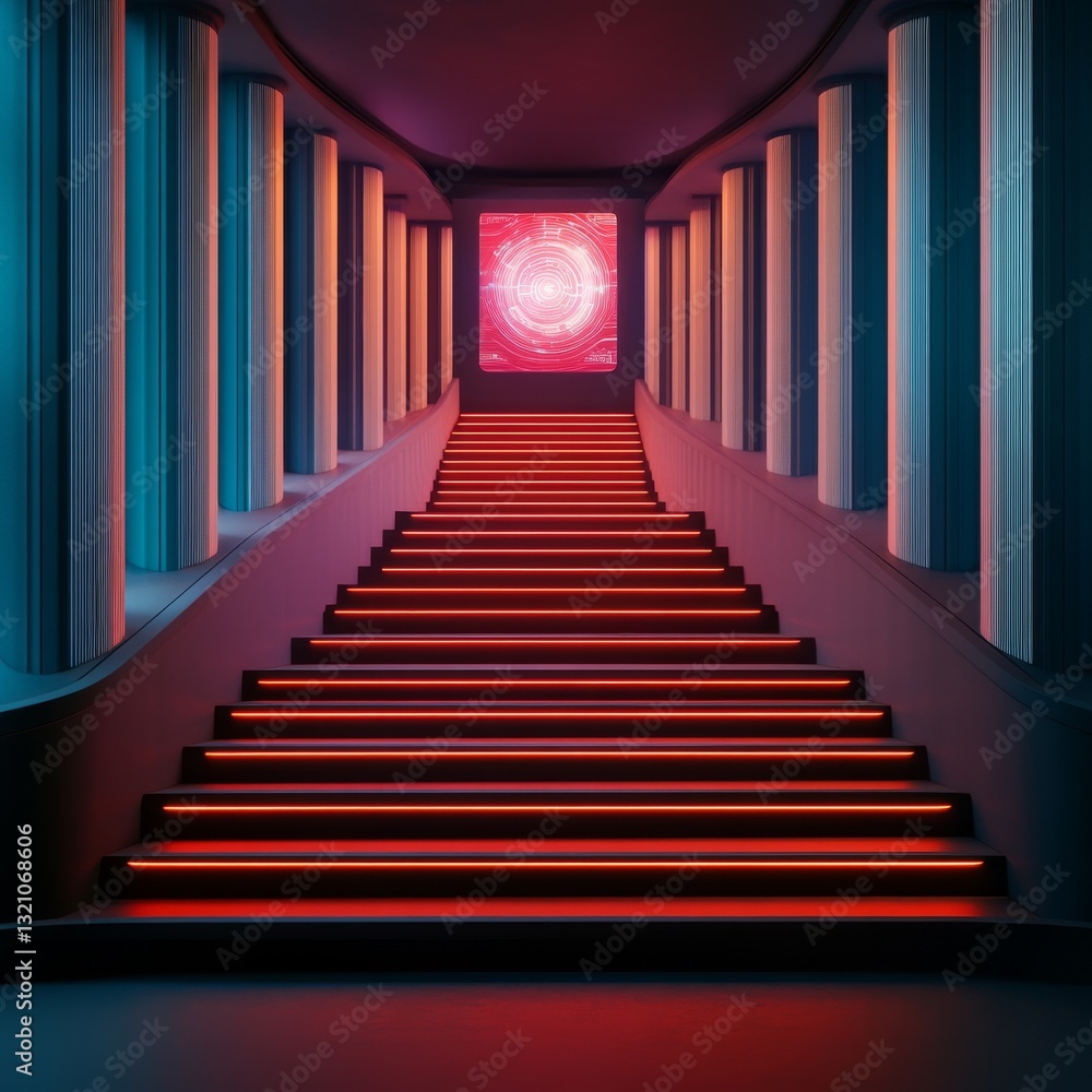 Fototapeta premium Sci-fi levitating staircase with holographic steps, high-tech digital environment