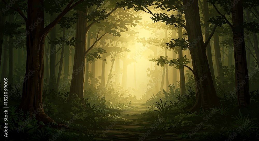 Obraz premium Sunlit Forest Path Through Dark Green Trees Nature Illustration