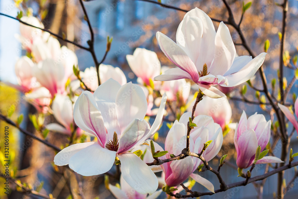 blooming magnolia in morning light. big backlit bud. pink flowers on the branches of soulangeana tree in spring. sunny april