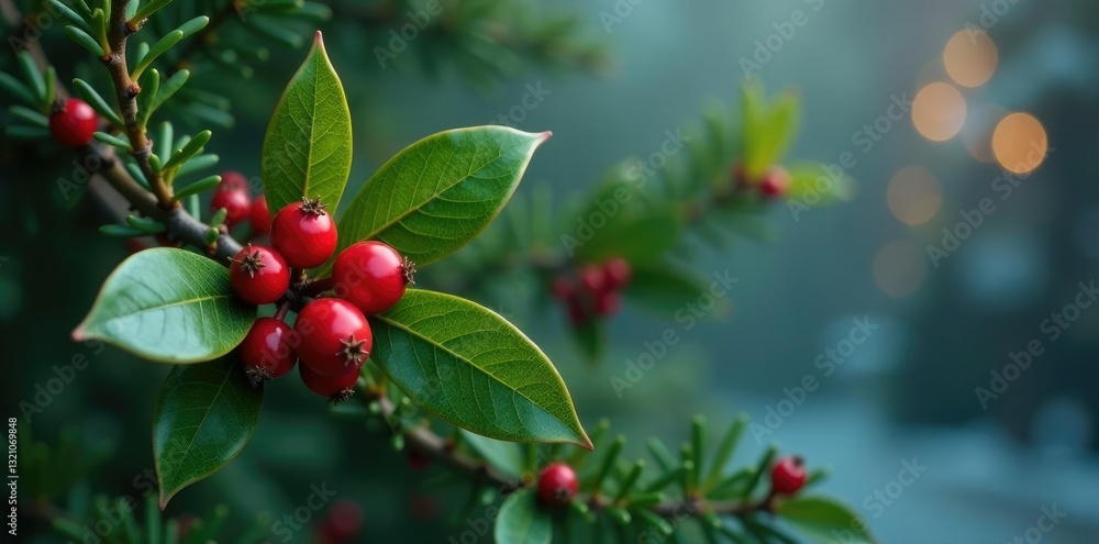Fototapeta premium Evergreen branch with bright red holly berries, holiday, winter