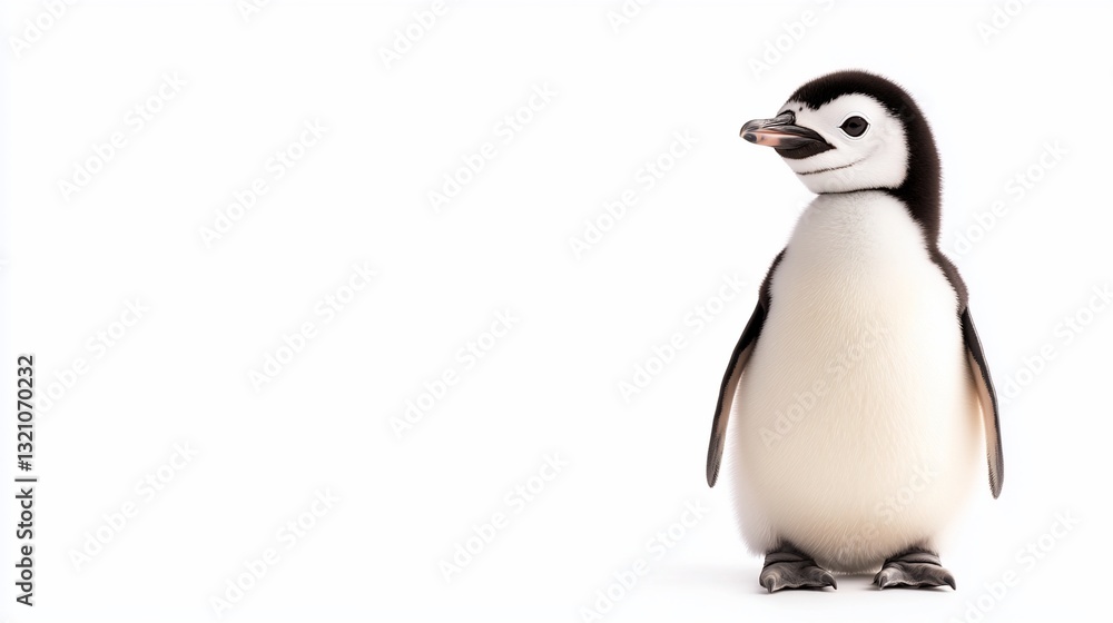 Fototapeta premium Adorable fluffy penguin chick against white
