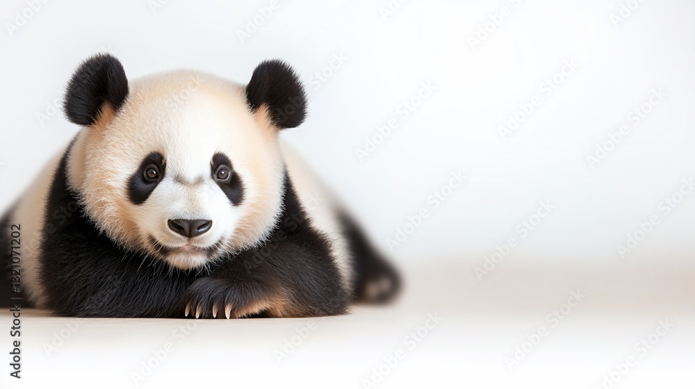 Naklejka premium Adorable panda cub resting, gazing directly ahead