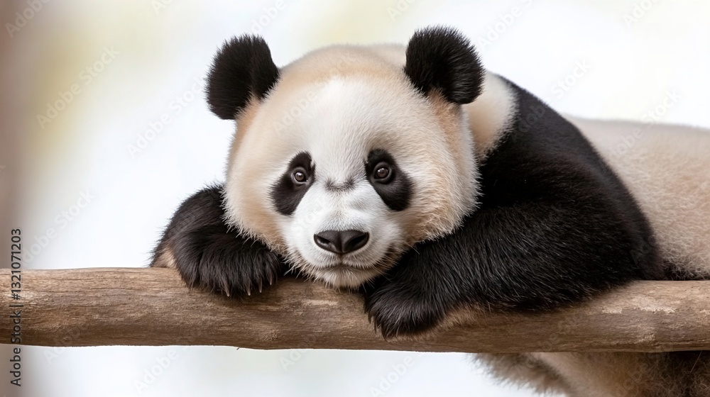 Fototapeta premium Adorable panda resting on a branch, gazing calmly