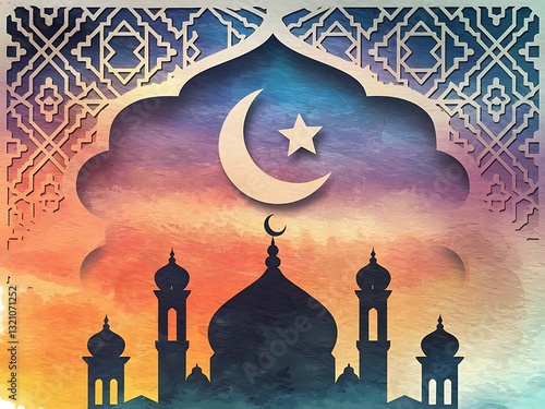 Watercolor Ramadan clipart featuring traditional Islamic patterns