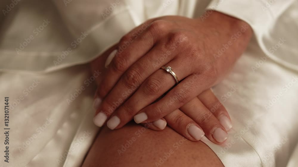 Close up of a bride's hands resting on her lap showing a delicate engagement ring Close up of a bride's hands resting on her lap showing a delicate engagement ring