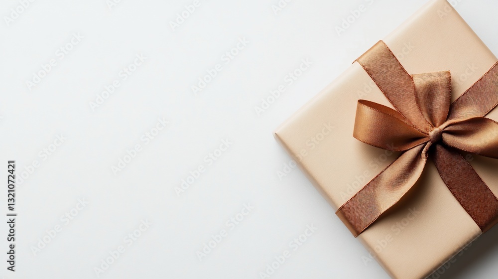Beige gift box with brown ribbon bow on white Beige gift box with brown ribbon bow on white