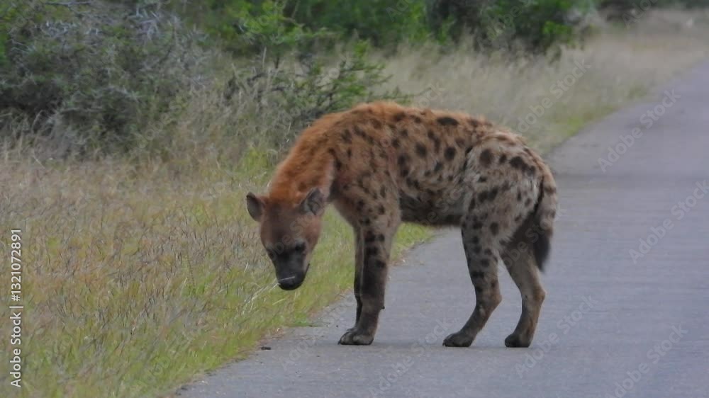 Wild Hyena on an asphalt street, animal wildlife footage, looking for food, walking on the street, close up, copy space Wild Hyena on an asphalt street, animal wildlife footage, looking for food, walking on the street, close up, copy space