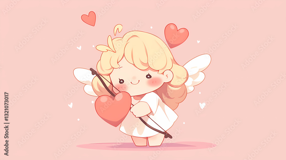 Cute cartoon angel character holding a bow and arrow surrounded by hearts on a soft pink background Cute cartoon angel character holding a bow and arrow surrounded by hearts on a soft pink background