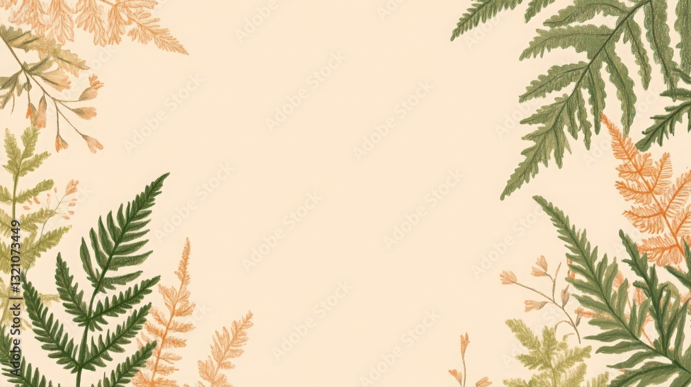 Cream Background with Green and Orange Fern Border