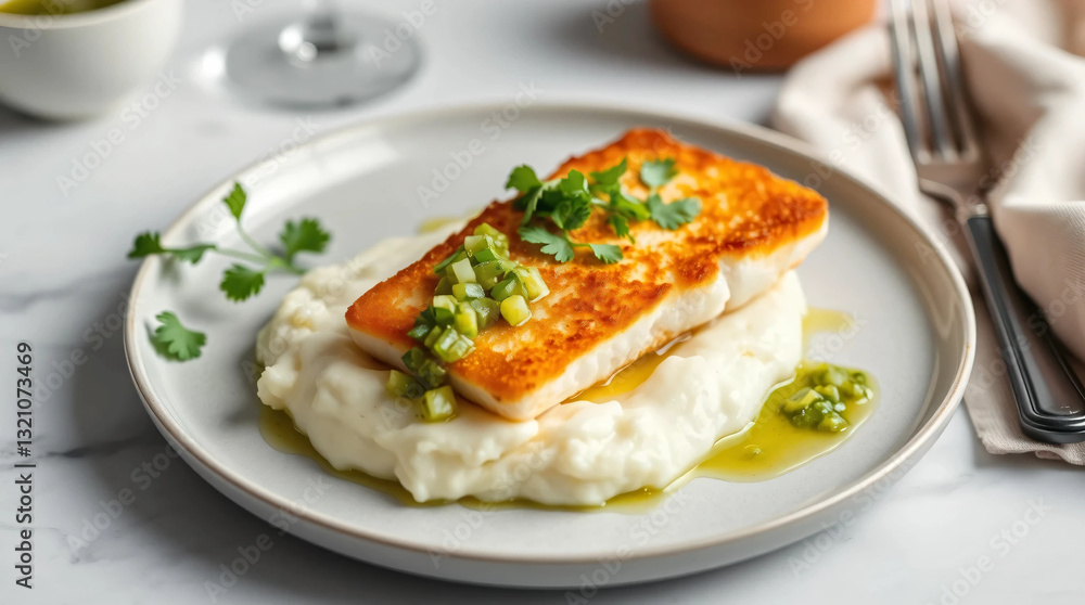 Modern style traditional fried skrei cod fish filet with mashed potato cream and coriander lime relish served as top view on Nordic design plate Modern style traditional fried skrei cod fish filet with mashed potato cream and coriander lime relish served as top view on Nordic design plate