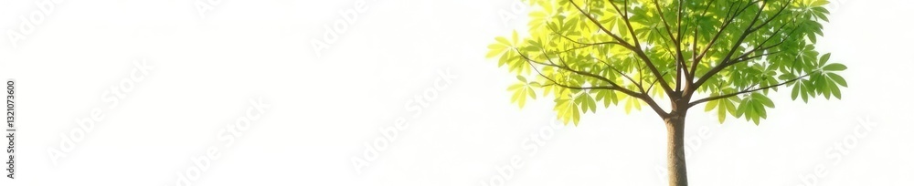 Fototapeta premium Isolated tree against a white background, with sunlight filtering through leaves, solitary, sunlight filter