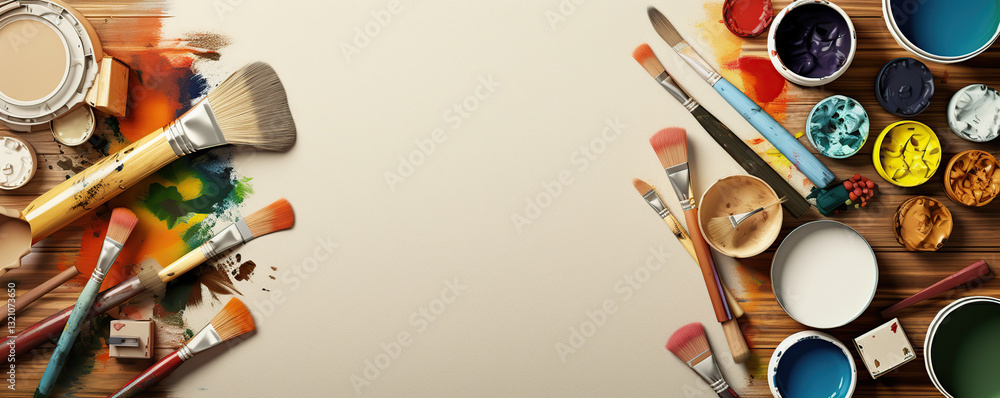 Fototapeta premium Art supplies arranged on a wooden surface with a variety of colors and brushes ready for creative projects