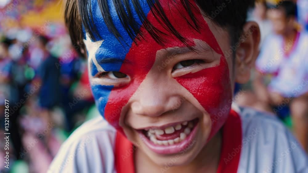 Joyful Laotian child with face painted in Laos national colors cheering at a sports stadium, young football supporter
Joyful Laotian child with face painted in Laos national colors cheering at a sports stadium, young football supporter