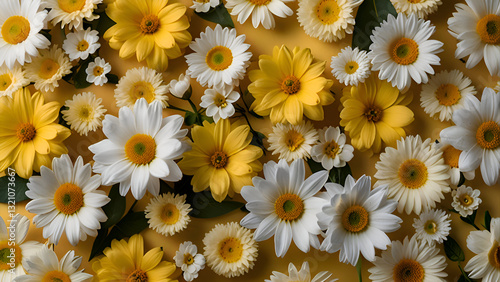 White and yellow spring flowers on yellow background