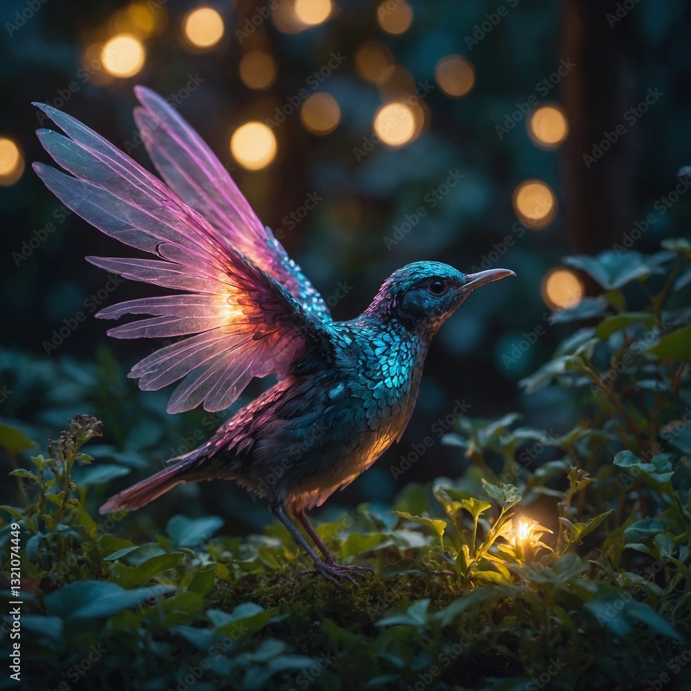 Fototapeta premium A fairy-like bird with glowing wings in a magical garden.