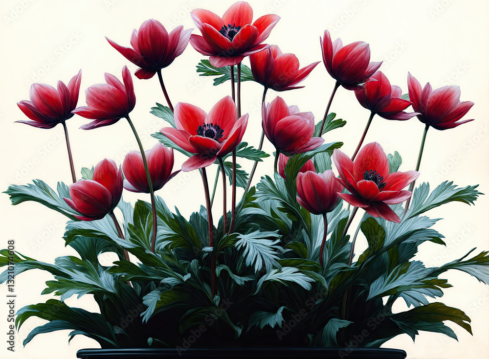A vibrant bouquet of crimson anemones, their delicate petals perfectly formed, sits in a dark pot, showcasing the artist's meticulous attention to detail.