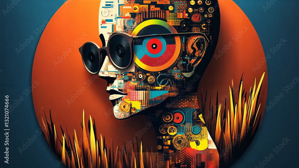 A bold, colorful depiction of a person, blending elements of music, technology, and nature.