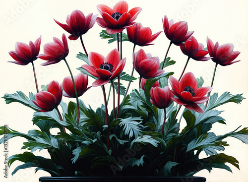 Obraz na płótnie A vibrant bouquet of crimson anemones, their delicate petals perfectly formed, sits in a dark pot, showcasing the artist's meticulous attention to detail. w salonie