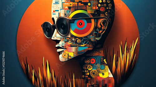 Obraz na płótnie A bold, colorful depiction of a person, blending elements of music, technology, and nature. w salonie