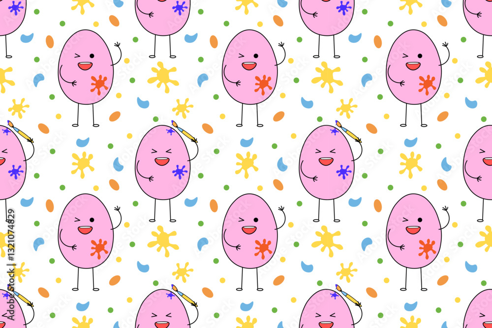 Bright, cheerful seamless pattern. Cute laughing Easter egg character, who has spots of paint on his head and body, holds brush in his hand. Traditional religious holiday is Easter. For packaging, tex Bright, cheerful seamless pattern. Cute laughing Easter egg character, who has spots of paint on his head and body, holds brush in his hand. Traditional religious holiday is Easter. For packaging, tex