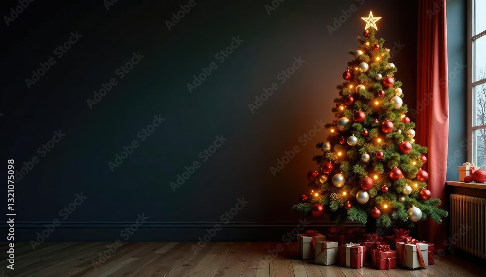 Fototapeta premium Ornate Christmas tree in corner with sparkling ornaments,, ornate furniture
