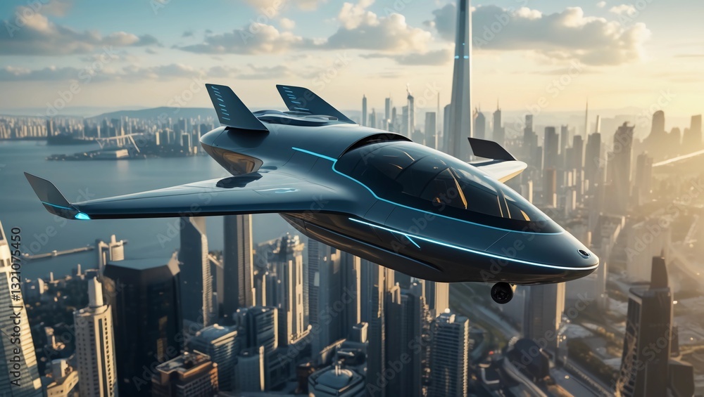 Fototapeta premium High-tech flying vehicle soaring above a futuristic city skyline, powered by advanced propulsion technology. Ideal for promoting futuristic transportation or visionary design ideas