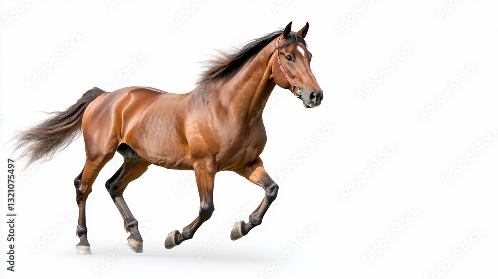 Chestnut horse in full gallop against white Chestnut horse in full gallop against white