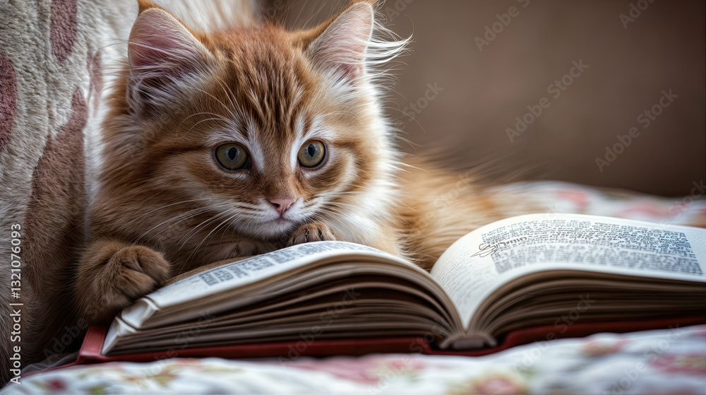 A ginger kitten engrossed in a book, its paws gently resting on the open pages.