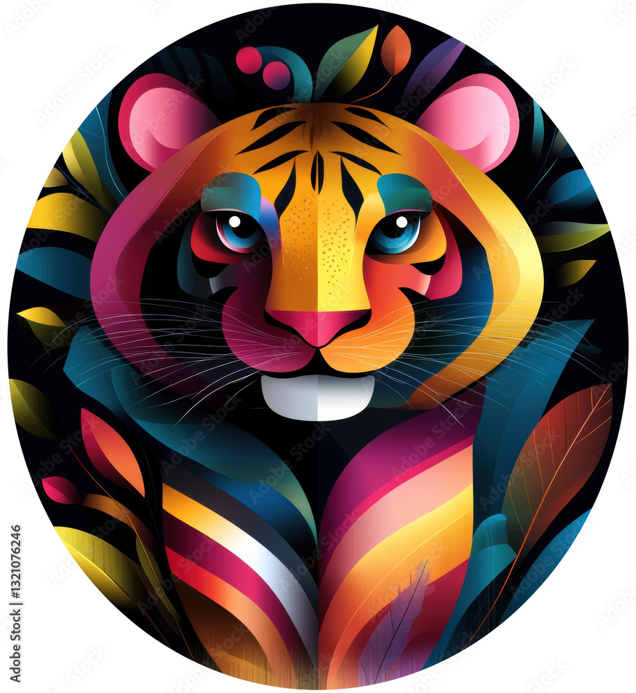 a vibrant and colorful illustration of a tiger's face surrounded by abstract, swirling patterns and leaves, creating a dynamic and eye-catching design.