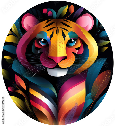 Obraz na płótnie a vibrant and colorful illustration of a tiger's face surrounded by abstract, swirling patterns and leaves, creating a dynamic and eye-catching design. w salonie