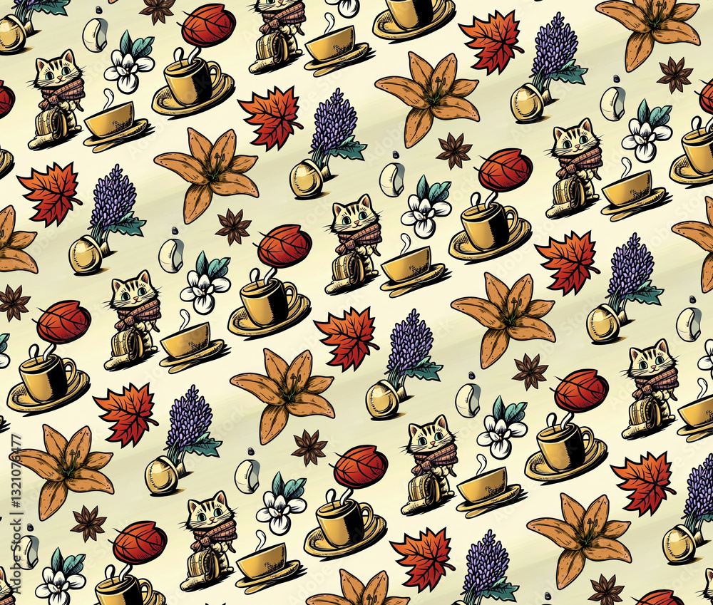 a seamless pattern featuring cartoon cats wearing scarves, cups of coffee, autumn leaves, flowers, and anise stars, all arranged in a repetitive design on a light background.