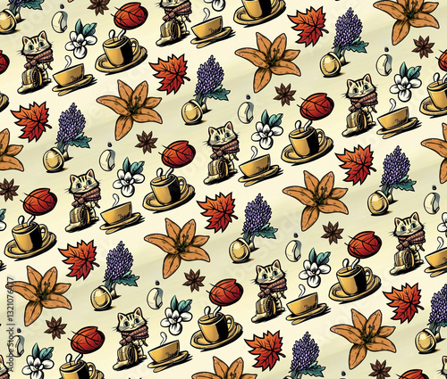 Obraz na płótnie a seamless pattern featuring cartoon cats wearing scarves, cups of coffee, autumn leaves, flowers, and anise stars, all arranged in a repetitive design on a light background. w salonie