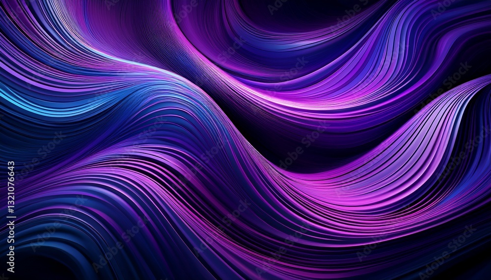 Fototapeta premium Striking purple abstract background featuring dynamic wavy lines and curves concentrated in the center, framed by a contrasting black area. Modern and eye-catching