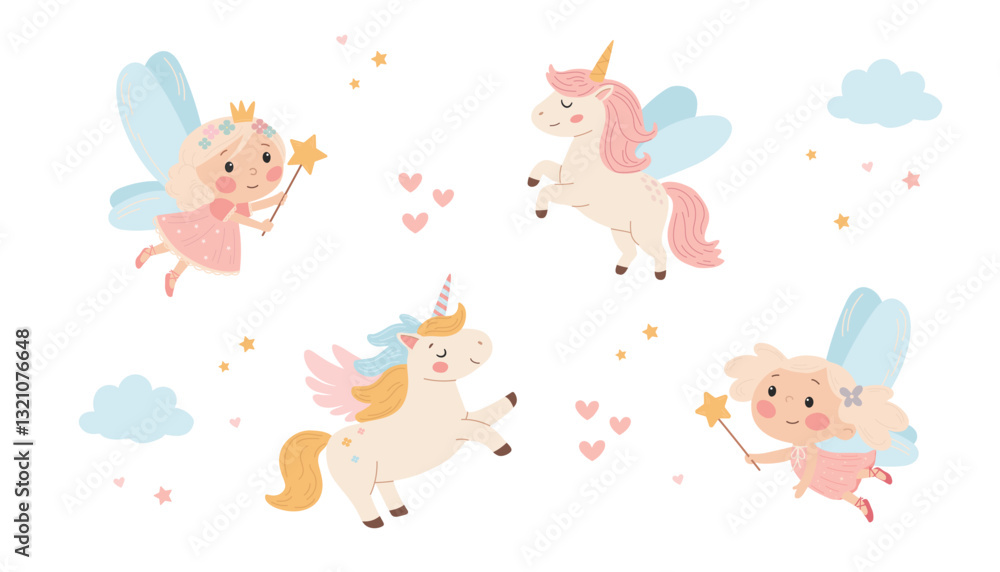 Fairy girls and unicorns. Cute fairytale unicorns with wings, hearts and stars. Vector illustration in children's style on a white background Fairy girls and unicorns. Cute fairytale unicorns with wings, hearts and stars. Vector illustration in children's style on a white background