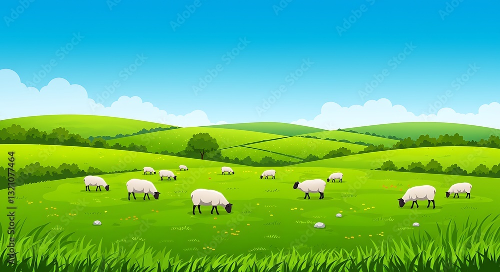 Fototapeta premium Sheep Grazing on Green Hills Under a Sunny Blue Sky Cartoon