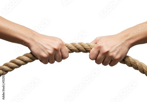 A close-up of two strong hands gripping opposite ends of a thick rough textured rope in an intense tug of war battle