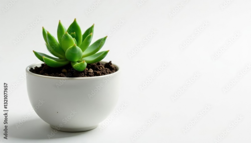Fototapeta premium small potted succulent with soil and leaves on a white background, green, clean