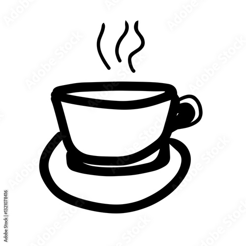 Simple line drawing of a steaming coffee cup on a saucer.